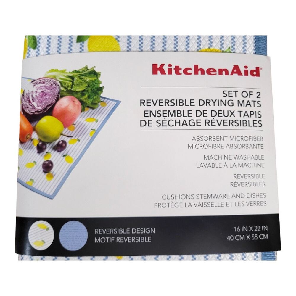 NEW KitchenAid Lemon Print Drying Mats 16" x 22" [Blue & Yellow] (Pack of 2) - Picture 3 of 5